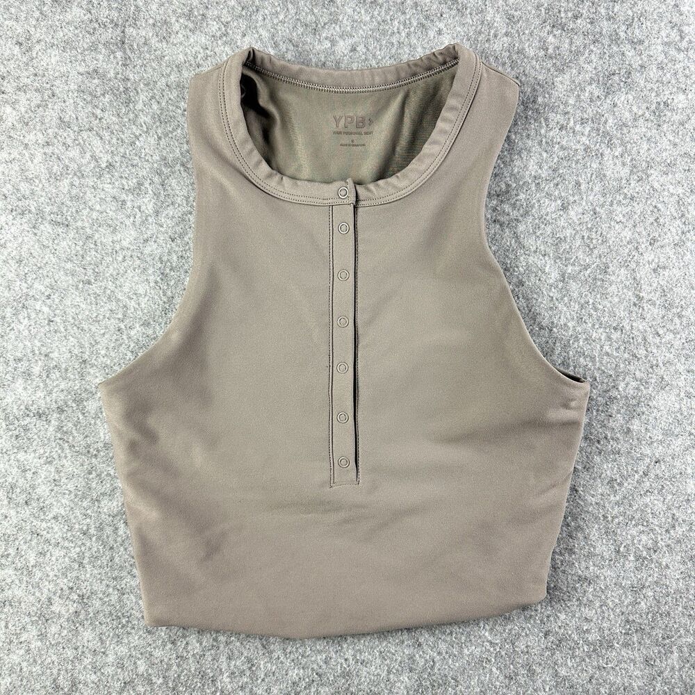 Abercrombie Fitch YPB Sculpt Lux Henley Top Womens Small Snap Plunge Taupe Crop*